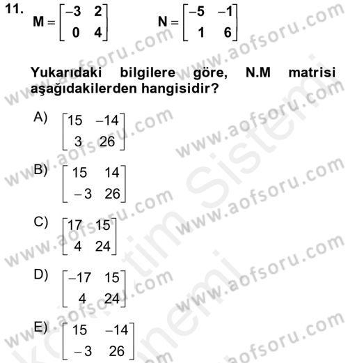 Genel Matematik Dersi 2017 - 2018 Yılı (Final) Dönem Sonu Sınav Soruları 11. Soru