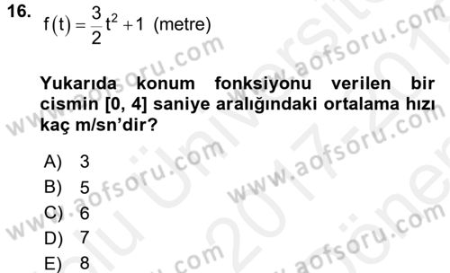 Genel Matematik Dersi 2017 - 2018 Yılı (Final) Dönem Sonu Sınav Soruları 16. Soru