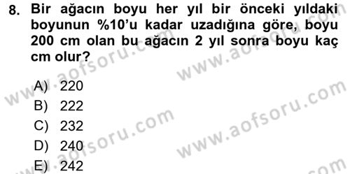 Genel Matematik Dersi 2017 - 2018 Yılı (Final) Dönem Sonu Sınav Soruları 8. Soru