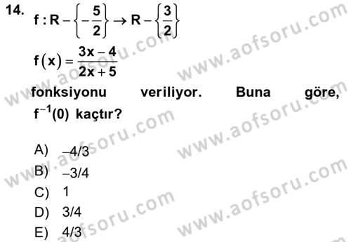Genel Matematik Dersi Ara Sınavı Deneme Sınav Soruları 14. Soru