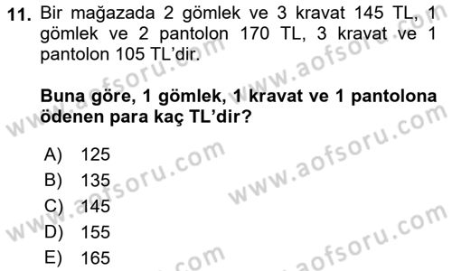 Genel Matematik Dersi 2018 - 2019 Yılı (Final) Dönem Sonu Sınav Soruları 11. Soru
