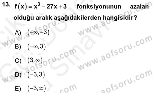 Genel Matematik Dersi 2018 - 2019 Yılı (Final) Dönem Sonu Sınav Soruları 13. Soru