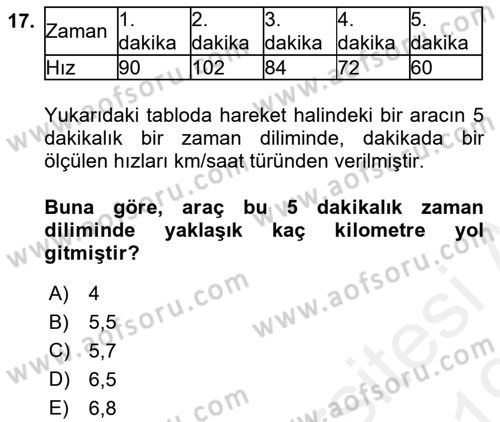 Genel Matematik Dersi 2018 - 2019 Yılı (Final) Dönem Sonu Sınav Soruları 17. Soru