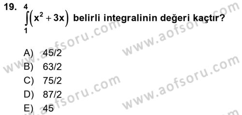 Genel Matematik Dersi 2018 - 2019 Yılı (Final) Dönem Sonu Sınav Soruları 19. Soru