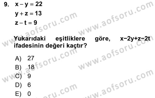Genel Matematik Dersi 2018 - 2019 Yılı (Final) Dönem Sonu Sınav Soruları 9. Soru