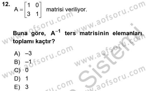 Genel Matematik Dersi 2018 - 2019 Yılı Yaz Okulu Sınav Soruları 12. Soru
