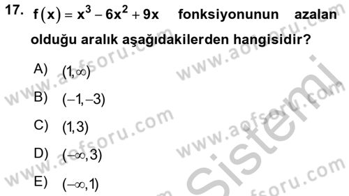 Genel Matematik Dersi 2018 - 2019 Yılı Yaz Okulu Sınav Soruları 17. Soru