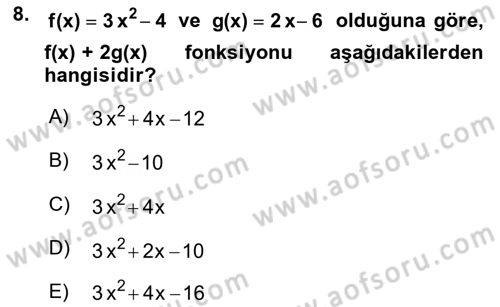 Genel Matematik Dersi 2018 - 2019 Yılı Yaz Okulu Sınav Soruları 8. Soru