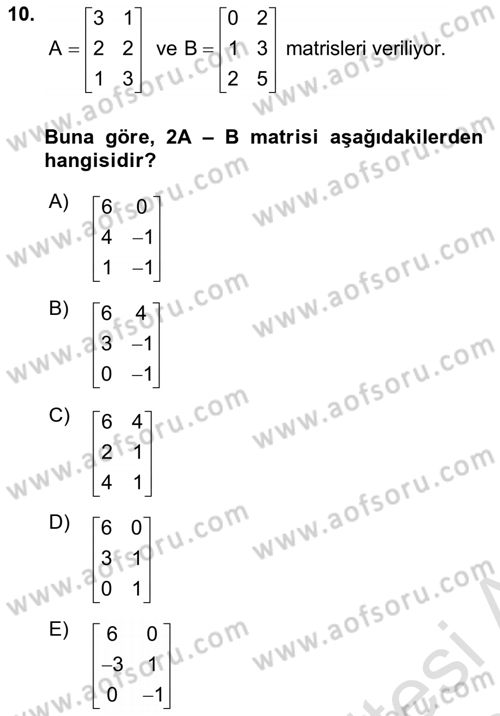 Genel Matematik Dersi 2019 - 2020 Yılı (Final) Dönem Sonu Sınav Soruları 10. Soru