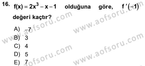 Genel Matematik Dersi 2019 - 2020 Yılı (Final) Dönem Sonu Sınav Soruları 16. Soru