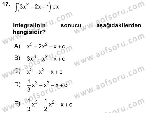Genel Matematik Dersi 2019 - 2020 Yılı (Final) Dönem Sonu Sınav Soruları 17. Soru