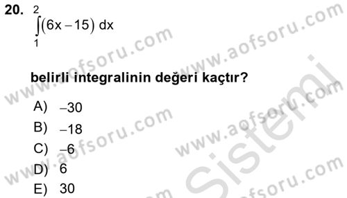 Genel Matematik Dersi 2019 - 2020 Yılı (Final) Dönem Sonu Sınav Soruları 20. Soru