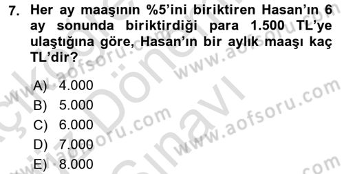 Genel Matematik Dersi 2019 - 2020 Yılı (Final) Dönem Sonu Sınav Soruları 7. Soru