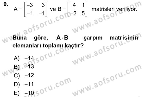 Genel Matematik Dersi 2019 - 2020 Yılı (Final) Dönem Sonu Sınav Soruları 9. Soru