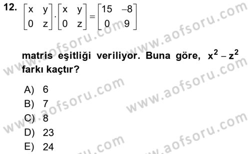 Genel Matematik Dersi 2020 - 2021 Yılı Yaz Okulu Sınav Soruları 12. Soru