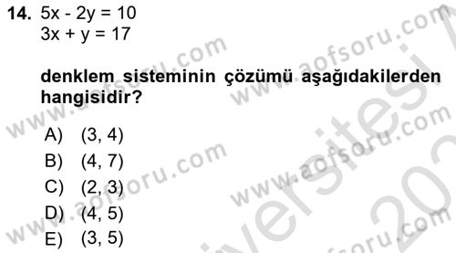 Genel Matematik Dersi 2020 - 2021 Yılı Yaz Okulu Sınav Soruları 14. Soru