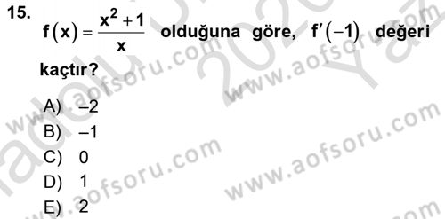 Genel Matematik Dersi 2020 - 2021 Yılı Yaz Okulu Sınav Soruları 15. Soru