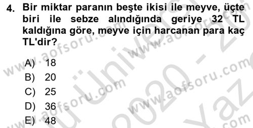 Genel Matematik Dersi 2020 - 2021 Yılı Yaz Okulu Sınav Soruları 4. Soru