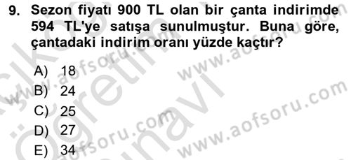 Genel Matematik Dersi 2020 - 2021 Yılı Yaz Okulu Sınav Soruları 9. Soru