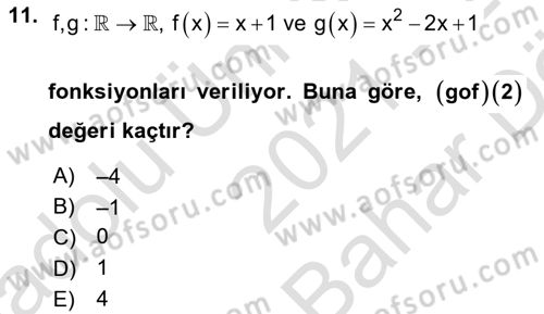 Genel Matematik Dersi Ara Sınavı Deneme Sınav Soruları 11. Soru