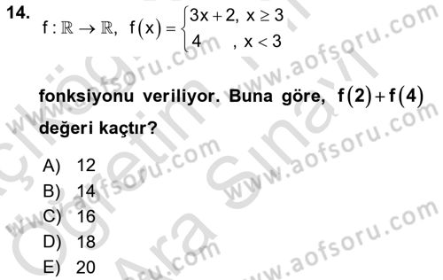 Genel Matematik Dersi Ara Sınavı Deneme Sınav Soruları 14. Soru