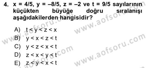 Genel Matematik Dersi Ara Sınavı Deneme Sınav Soruları 4. Soru