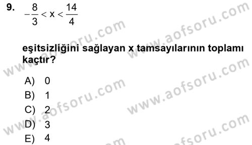 Genel Matematik Dersi Ara Sınavı Deneme Sınav Soruları 9. Soru