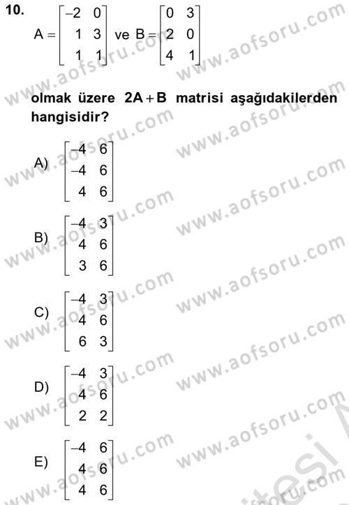 Genel Matematik Dersi 2021 - 2022 Yılı (Final) Dönem Sonu Sınav Soruları 10. Soru