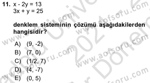 Genel Matematik Dersi 2021 - 2022 Yılı (Final) Dönem Sonu Sınav Soruları 11. Soru