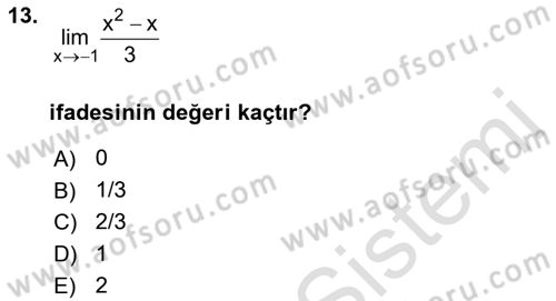 Genel Matematik Dersi 2021 - 2022 Yılı (Final) Dönem Sonu Sınav Soruları 13. Soru