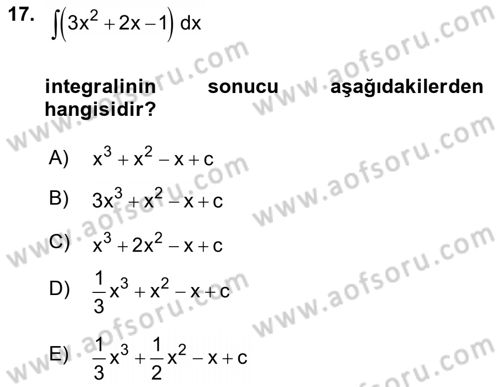 Genel Matematik Dersi 2021 - 2022 Yılı (Final) Dönem Sonu Sınav Soruları 17. Soru
