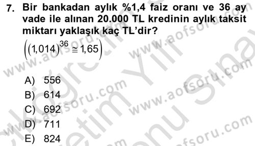Genel Matematik Dersi 2021 - 2022 Yılı (Final) Dönem Sonu Sınav Soruları 7. Soru