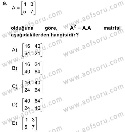 Genel Matematik Dersi 2021 - 2022 Yılı (Final) Dönem Sonu Sınav Soruları 9. Soru