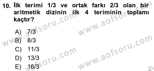 Genel Matematik Dersi 2021 - 2022 Yılı Yaz Okulu Sınav Soruları 10. Soru