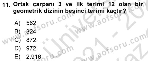 Genel Matematik Dersi 2021 - 2022 Yılı Yaz Okulu Sınav Soruları 11. Soru