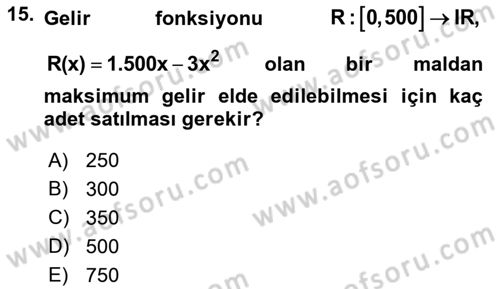 Genel Matematik Dersi 2021 - 2022 Yılı Yaz Okulu Sınav Soruları 15. Soru