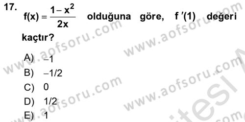 Genel Matematik Dersi 2021 - 2022 Yılı Yaz Okulu Sınav Soruları 17. Soru