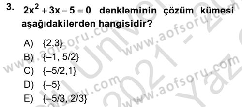 Genel Matematik Dersi 2021 - 2022 Yılı Yaz Okulu Sınav Soruları 3. Soru
