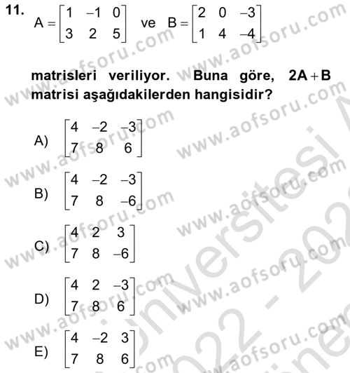 Genel Matematik Dersi 2022 - 2023 Yılı (Final) Dönem Sonu Sınav Soruları 11. Soru