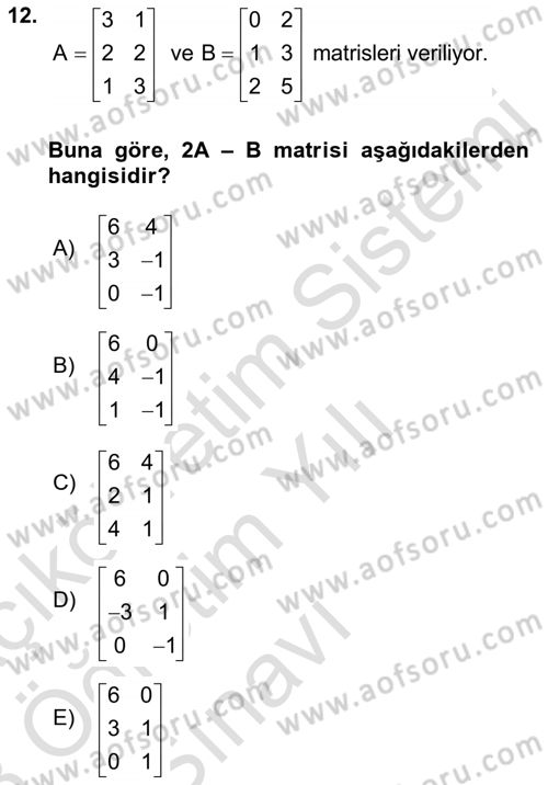 Genel Matematik Dersi 2022 - 2023 Yılı Yaz Okulu Sınav Soruları 12. Soru