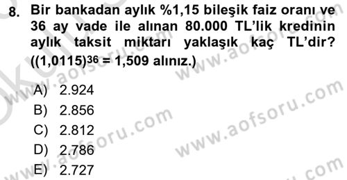Genel Matematik Dersi 2022 - 2023 Yılı Yaz Okulu Sınav Soruları 8. Soru