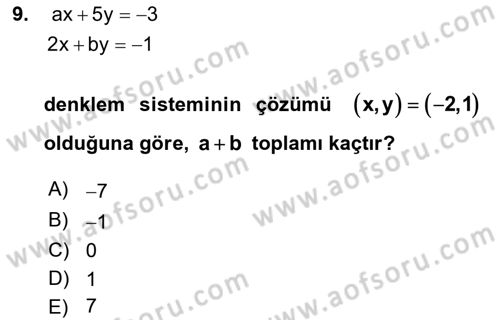 Genel Matematik Dersi 2022 - 2023 Yılı Yaz Okulu Sınav Soruları 9. Soru
