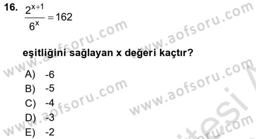 Genel Matematik Dersi Ara Sınavı Deneme Sınav Soruları 16. Soru