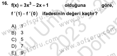 Genel Matematik Dersi 2023 - 2024 Yılı (Final) Dönem Sonu Sınav Soruları 16. Soru