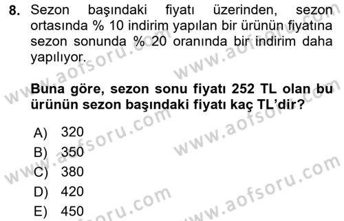 Genel Matematik Dersi 2023 - 2024 Yılı (Final) Dönem Sonu Sınav Soruları 8. Soru
