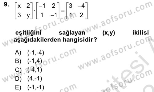 Genel Matematik Dersi 2023 - 2024 Yılı (Final) Dönem Sonu Sınav Soruları 9. Soru