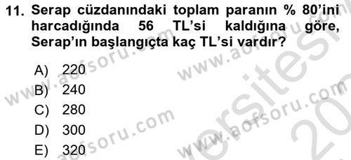 Genel Matematik Dersi 2023 - 2024 Yılı Yaz Okulu Sınav Soruları 11. Soru