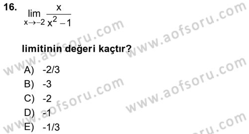 Genel Matematik Dersi 2023 - 2024 Yılı Yaz Okulu Sınav Soruları 16. Soru