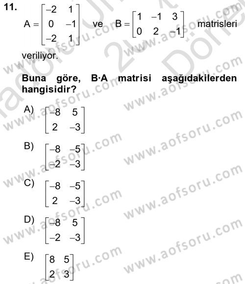 Genel Matematik Dersi 2024 - 2025 Yılı (Final) Dönem Sonu Sınav Soruları 11. Soru