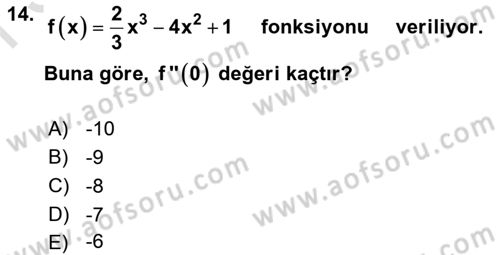 Genel Matematik Dersi 2024 - 2025 Yılı (Final) Dönem Sonu Sınav Soruları 14. Soru